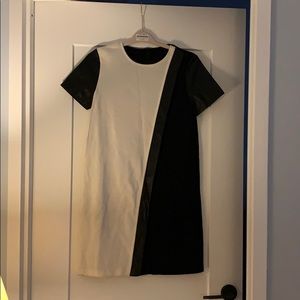 St. John white and black dress with leather stripe